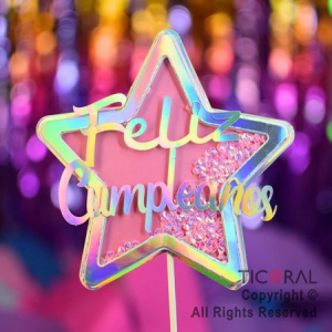 CAKE TOPPER CON CONFETTI ESTRELLA FELIZ CUMPLEAOS ROSA (U24-223) X 1